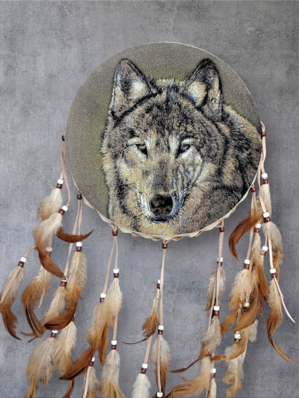 Native American Inspired Wolf Dreamcatcher - Drum, leather, feathers, and beads - Picture 6 of 7